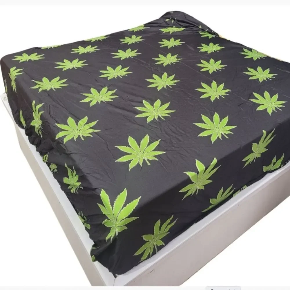 Pot Leaf KING Sheet Set Black Green Doobie Joint Grass Hippie Vibe